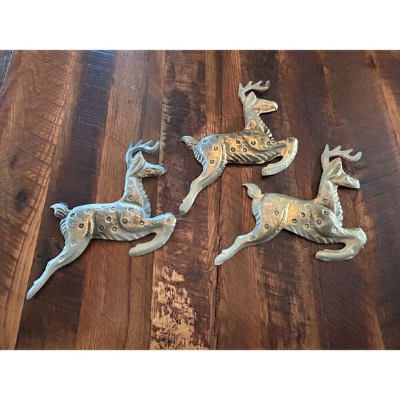 Set Of 3 Vintage-Style Silver/Gold Tone Reindeer Wall Decor Metal Christmas Deco - Picture 2 of 4